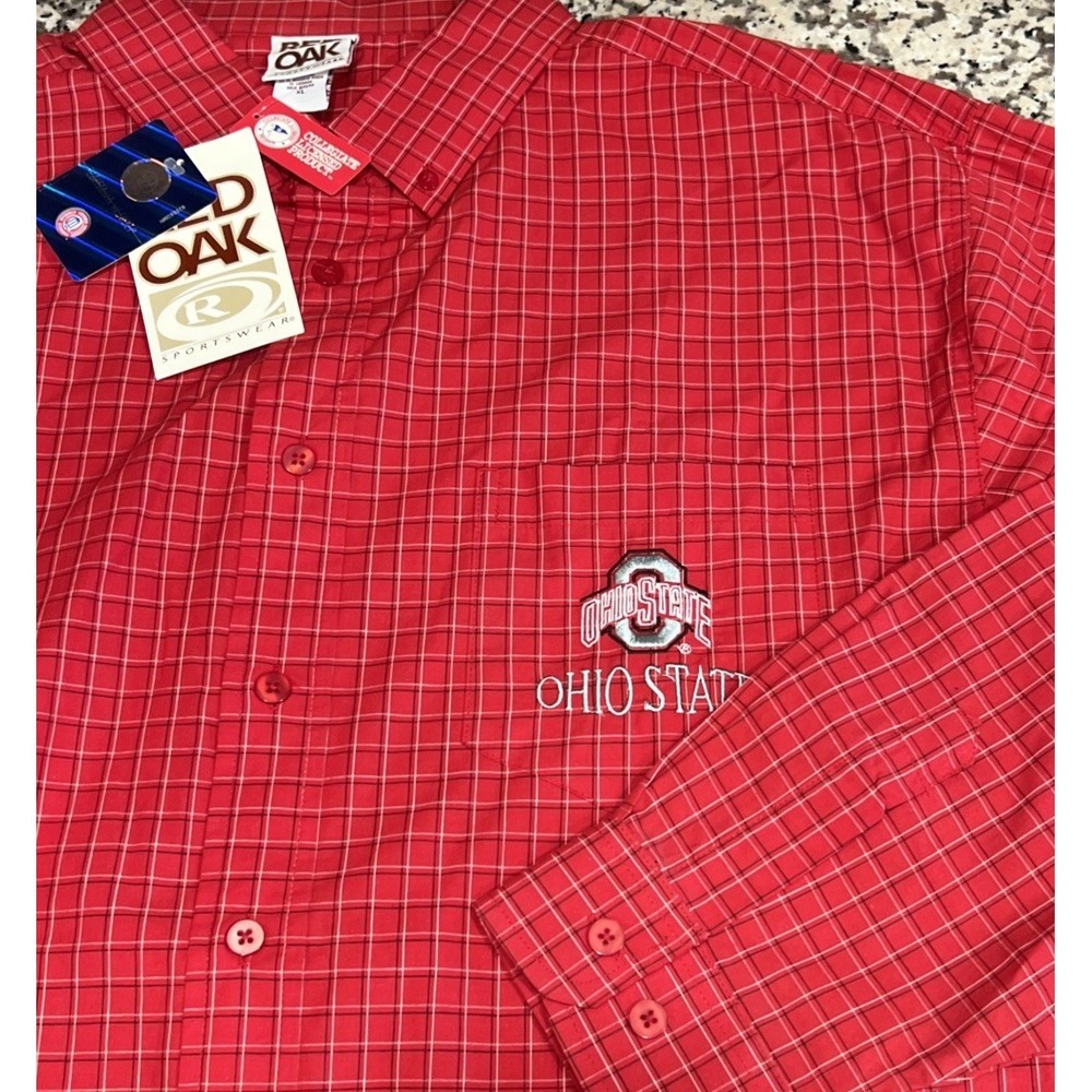 New Red Oak Sports Red Checks Ohio State Buckeyes L/S Button Shirt Men XL